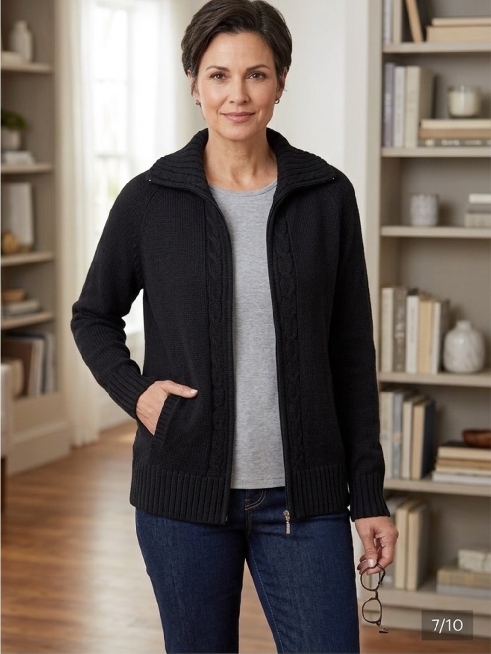 Debbie Morgan Cardigan Textured Black Knit Front Zipper Collar Size XL